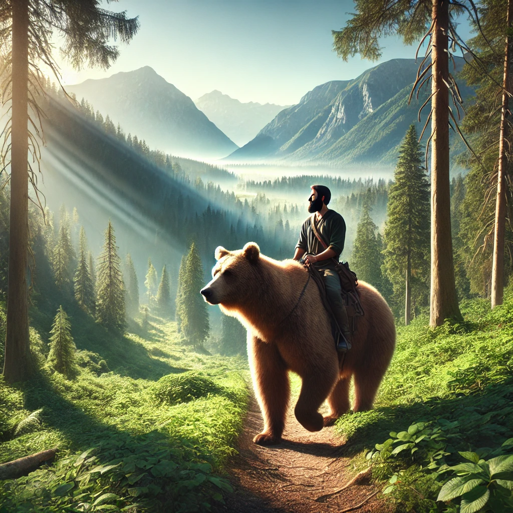 DALL·E 2025 01 23 19.23.10 Create a photorealistic image of a man riding a bear as if it were a horse traveling through a beautiful mountainous forest. The forest is lush and g