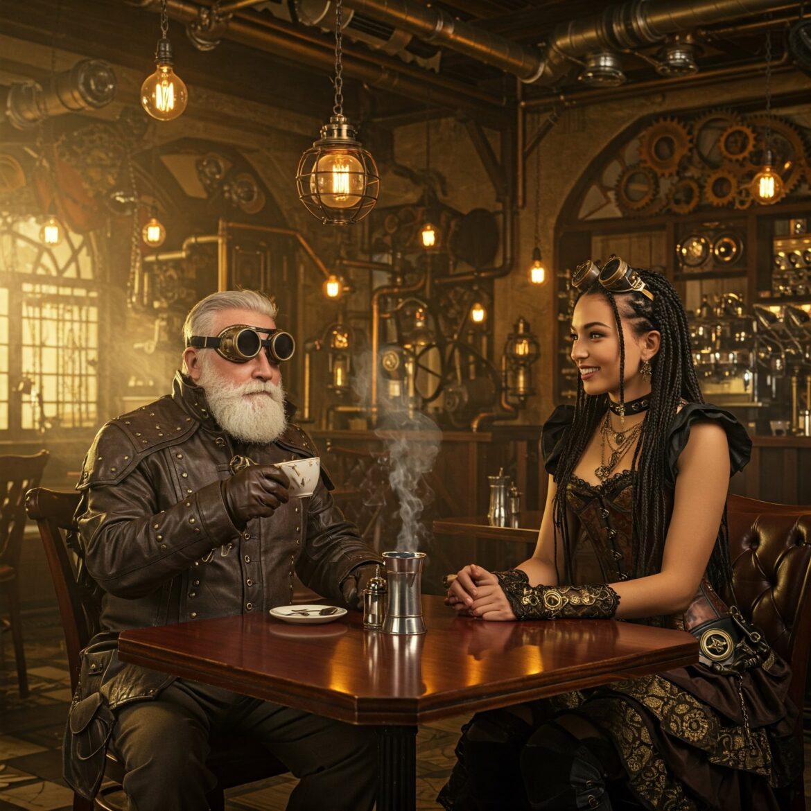 starszy człowiek i dziewczyna w steampunkowej kawiarni