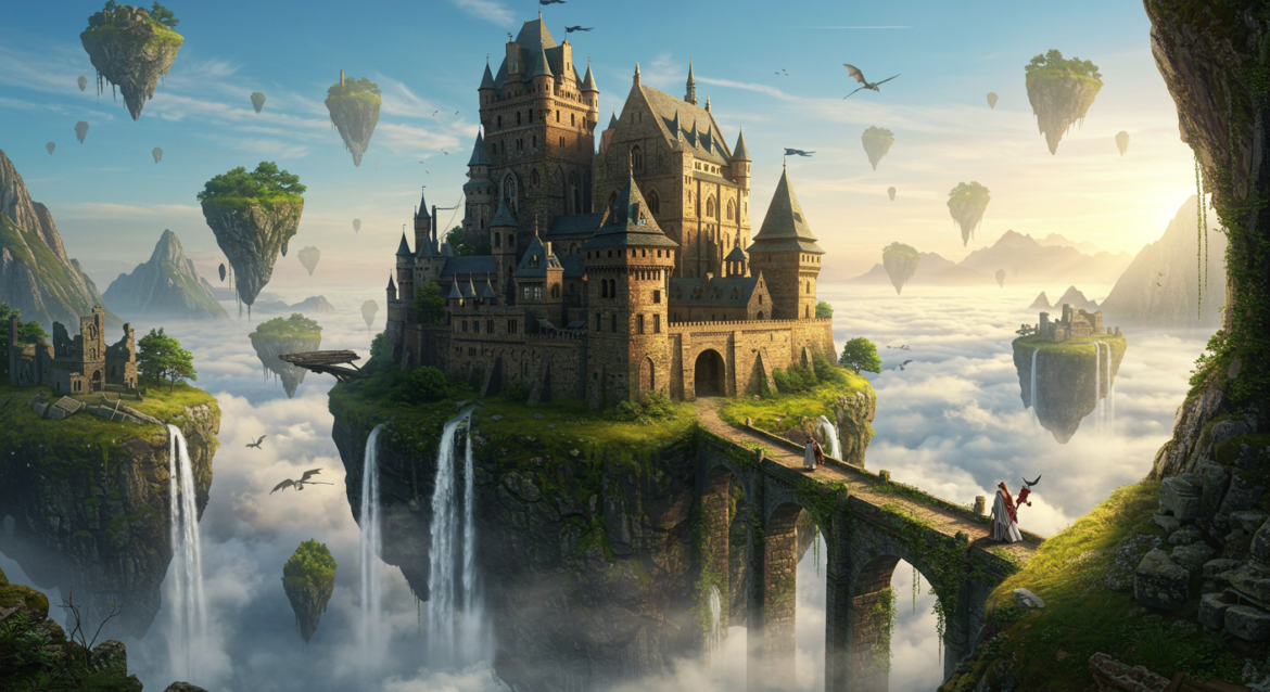 sredniowieczny zamek na latających wyspach